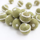 Polka Dot Swirl Felt Balls White On Olive Green