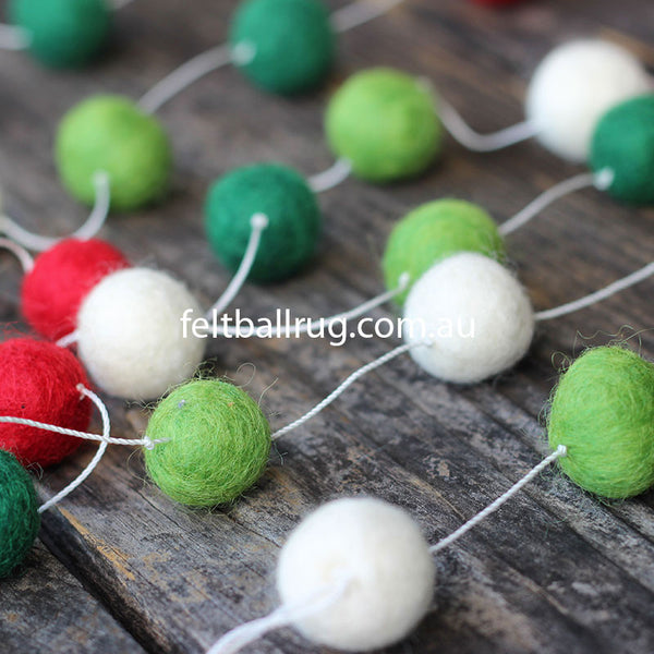 Christmas Felt Ball Garland- Swirls & Pom Poms- Red, Green, White